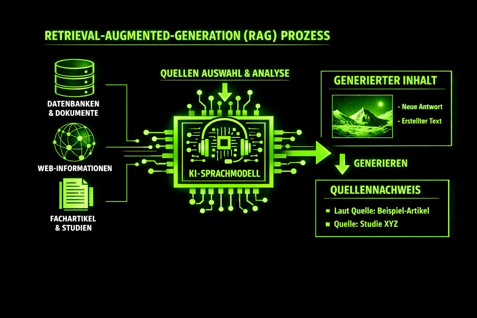 Visualisierung eines Retrieval-Augmented-Generation Prozesses mit Quellenauswahl durch ein KI-Sprachmodell
