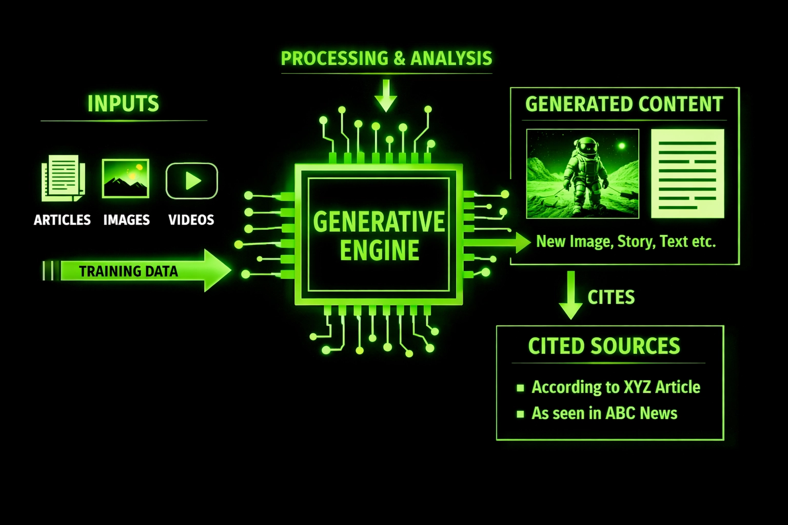 Schematische Darstellung wie Generative Engines Inhalte verarbeiten und zitieren